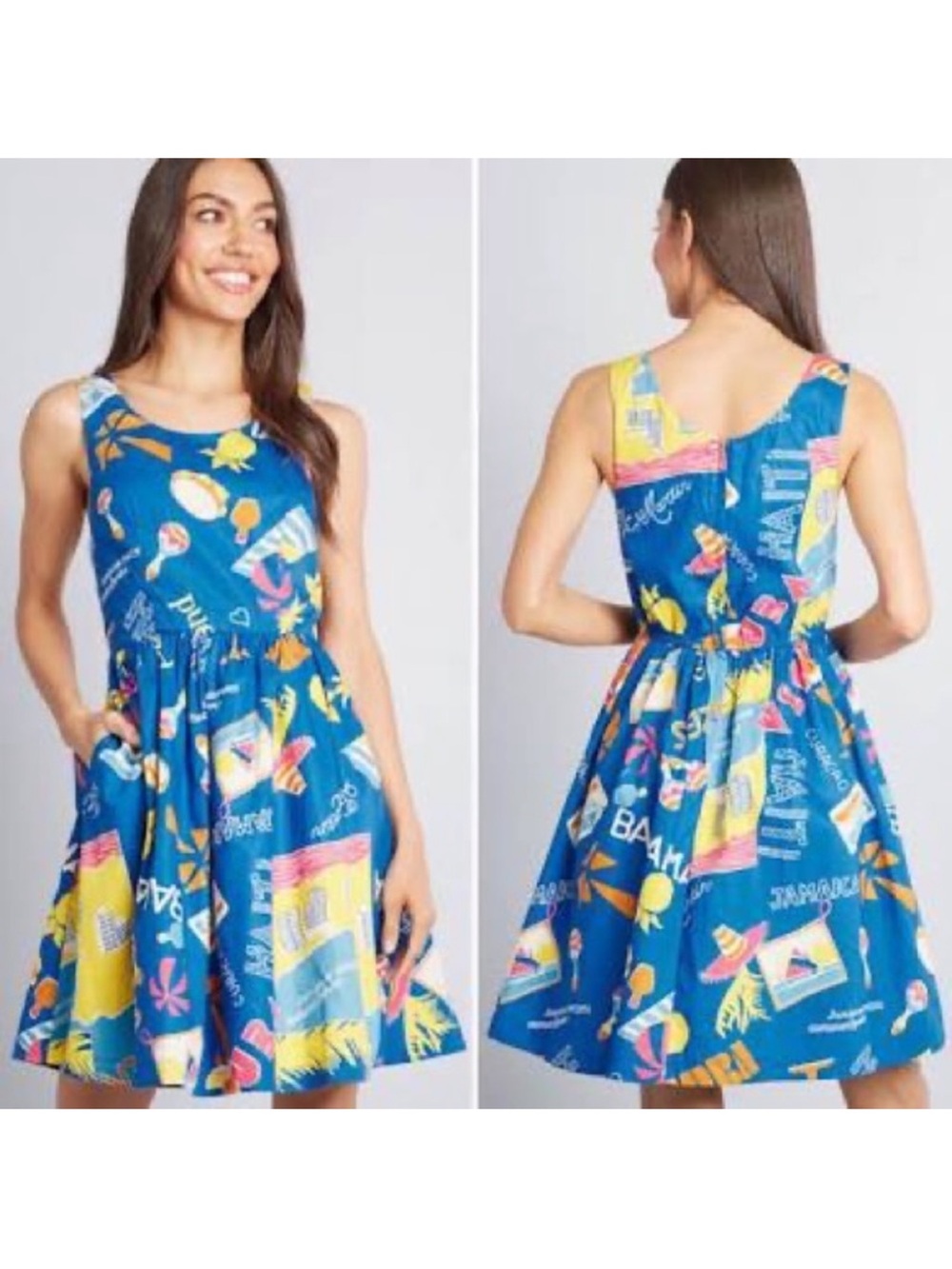ModCloth Caribbean Optimistic Effect Travel Quirky Skater Dress Size Medium